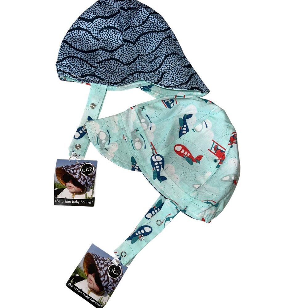 New UB2 Reversible Baby Sun Hat With Airplane & Blue Wave Design  Adjustable Chi